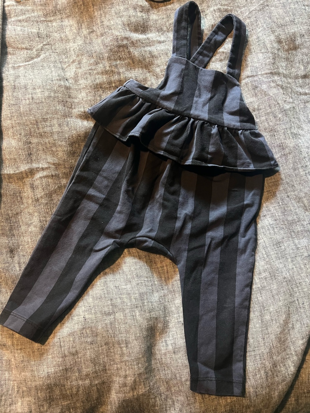 Tea Collection Black & Gray Striped Ruffle Overalls